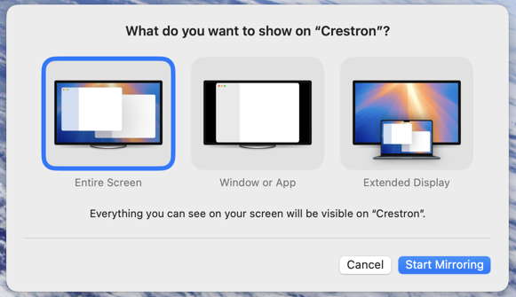 Screenshot of the apple screen mirroring options connected to a Crestron display